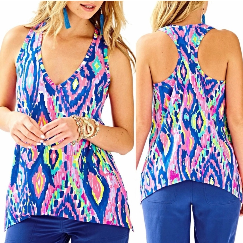 Lilly Pulitzer Kiawah Tank XS Blue Pink Ikat Racerback Swing Top
